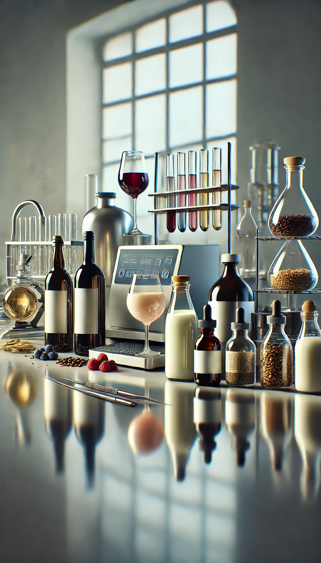 DALL·E 2024-10-24 17.24.57 – A photorealistic image representing the Beverage industry. The scene features various beverages such as wine, coffee, milk, tea, and kombucha, arrange