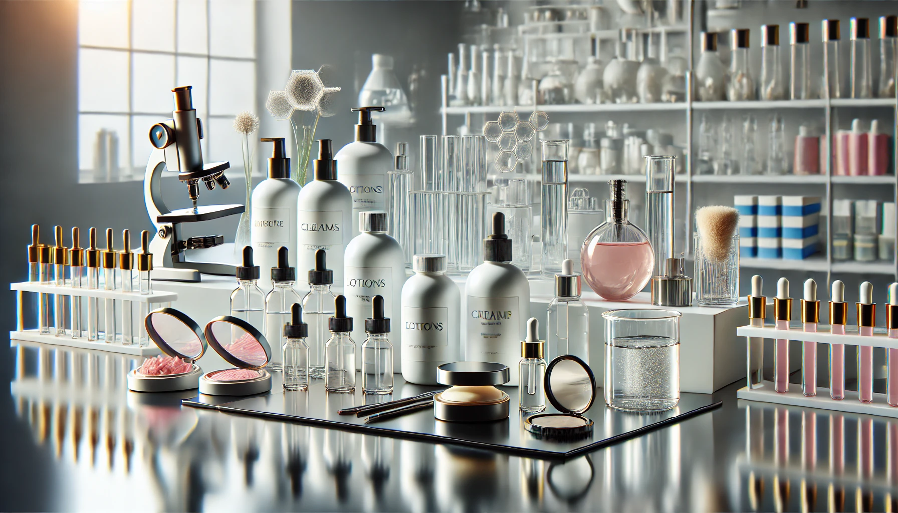 DALL·E 2024-10-24 17.59.26 – A photorealistic image representing the Cosmetics industry. The scene features skincare products, lotions, creams, and makeup displayed on a sleek lab